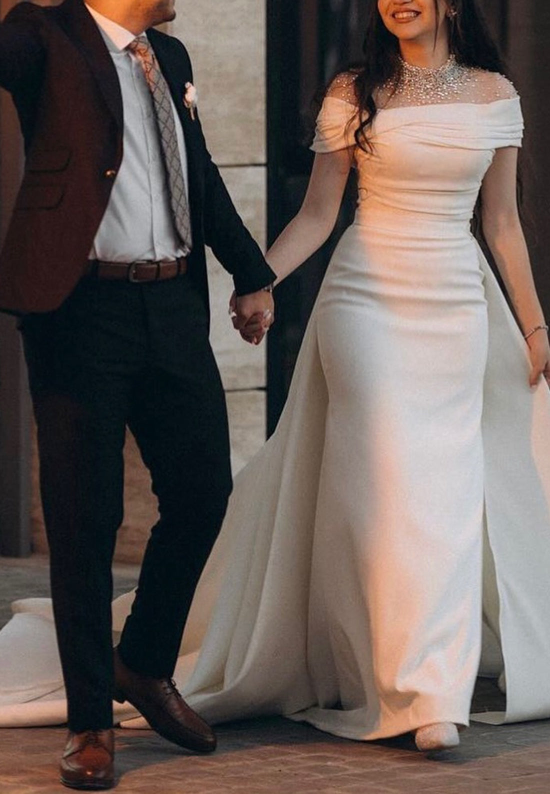 High Neck Cap Sleeves Beaded Sleek Mermaid Wedding Dress