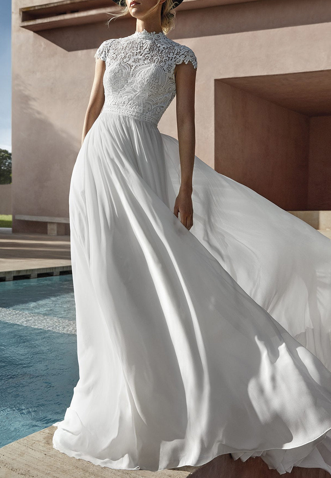High Neck Cap Sleeves Lace Appliques A-Line Boho Wedding Dress