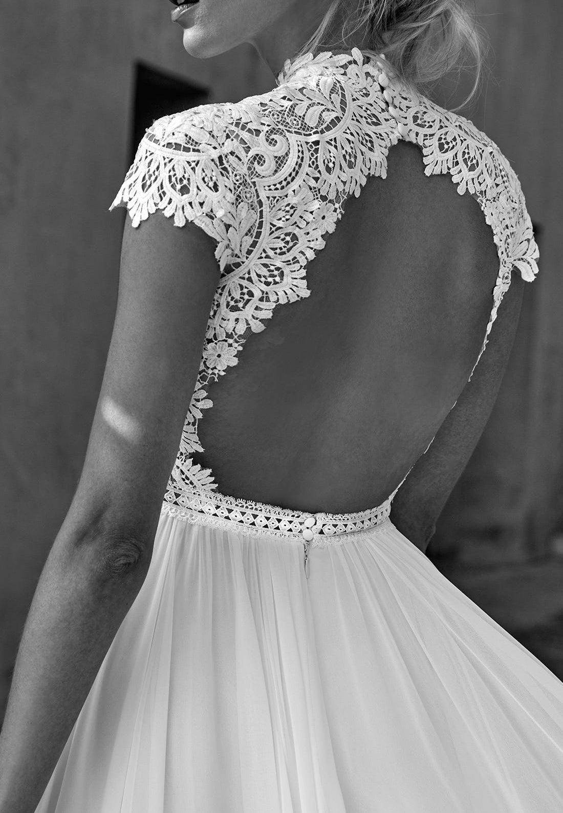 High Neck Cap Sleeves Lace Appliques A-Line Boho Wedding Dress