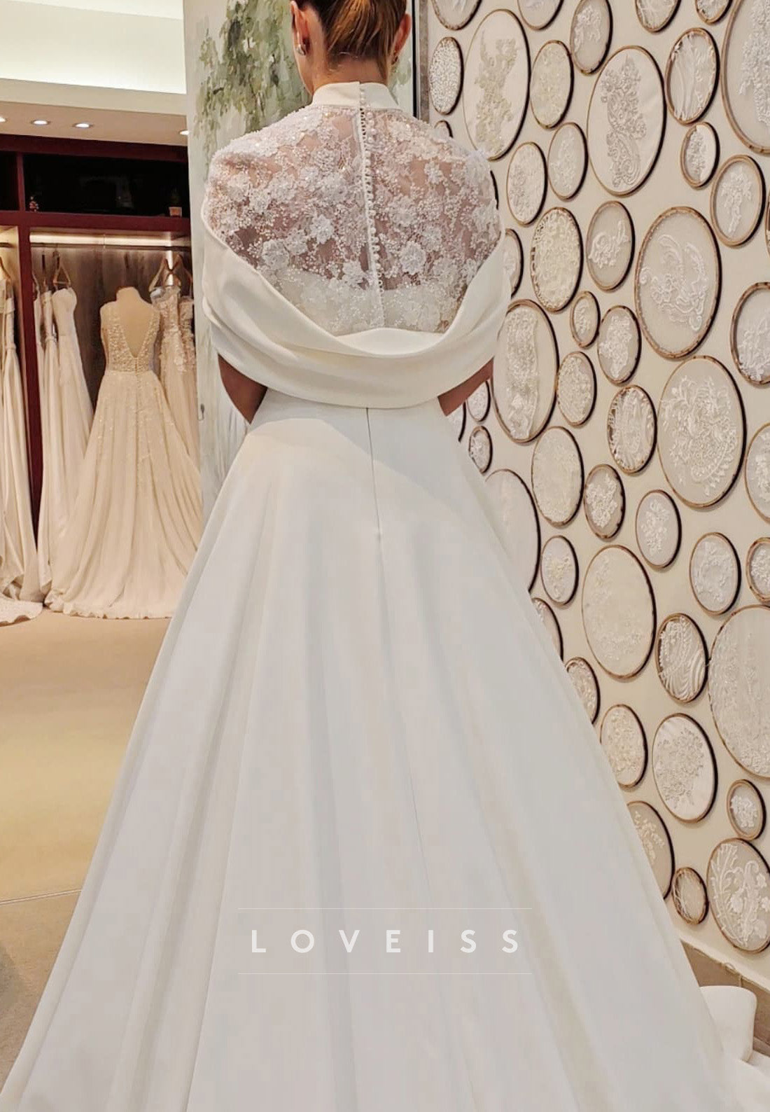 High Neck Cap Sleeves Lace Appliques A-Line Wedding Dress
