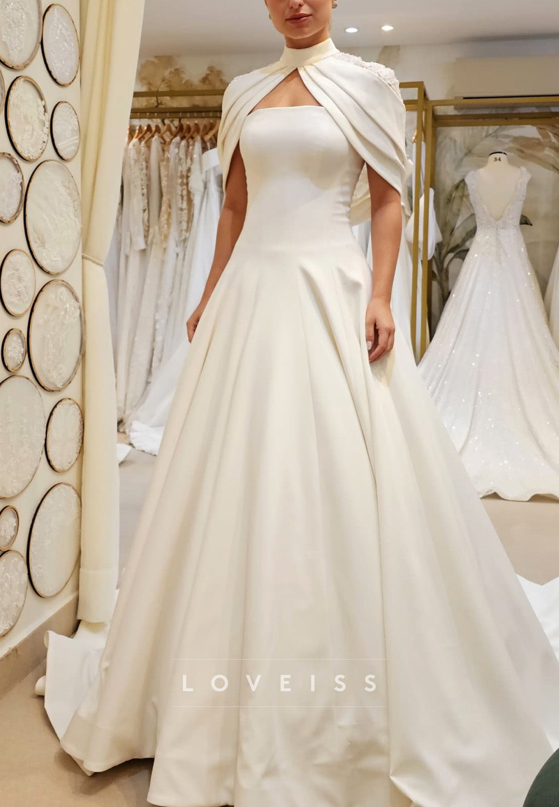 High Neck Cap Sleeves Lace Appliques A-Line Wedding Dress