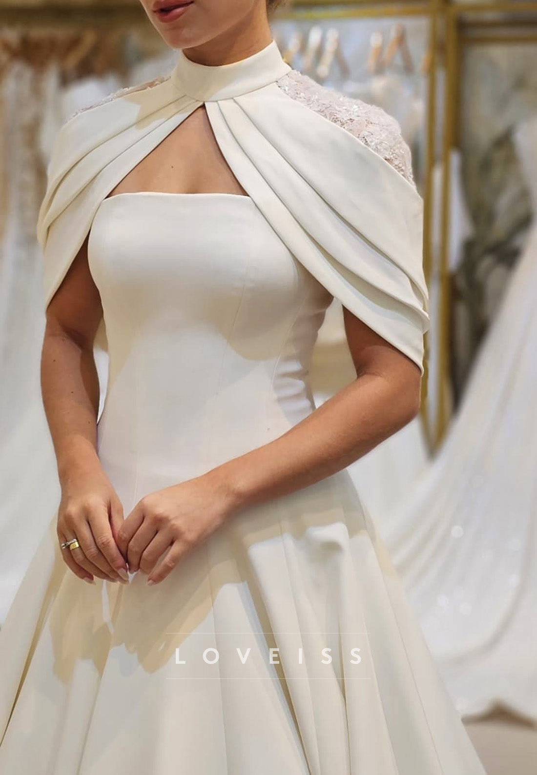 High Neck Cap Sleeves Lace Appliques A-Line Wedding Dress