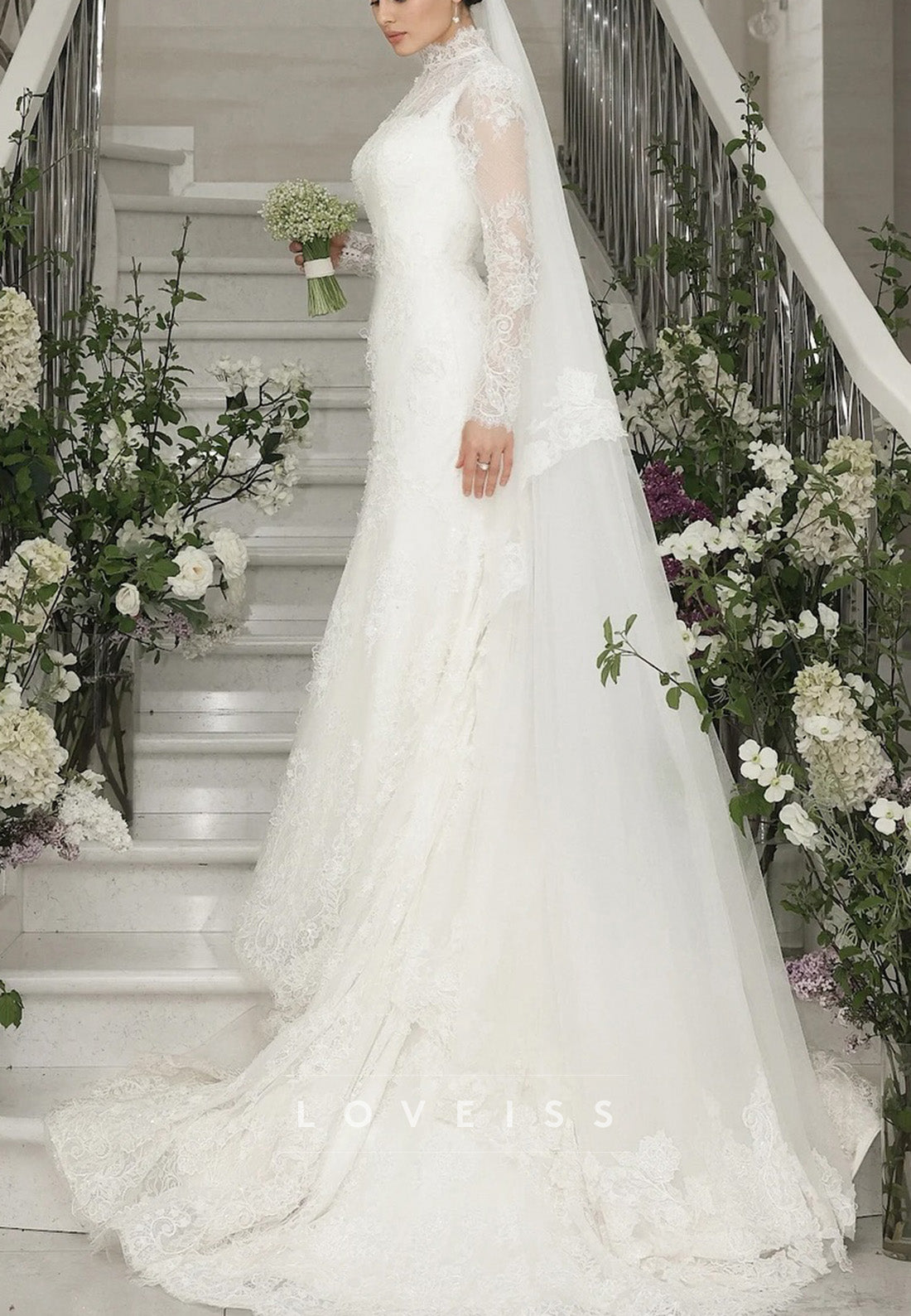 High Neck Full Floral Lace Appliques Sheath Wedding Dress