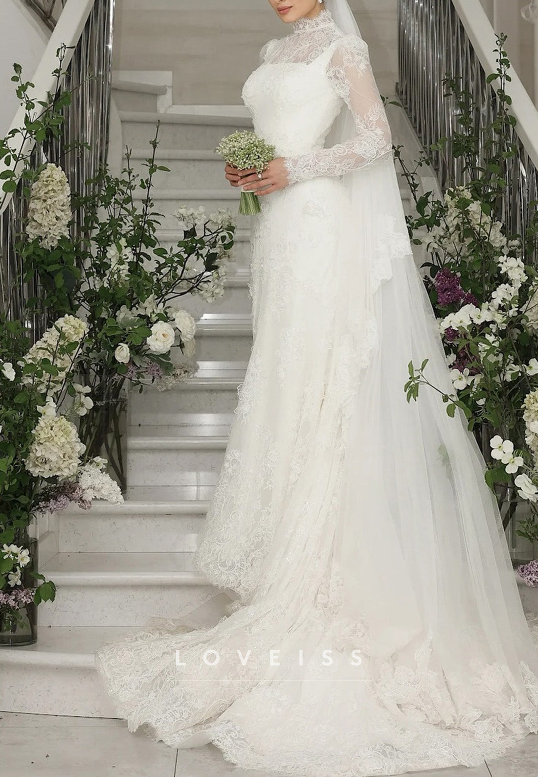 High Neck Full Floral Lace Appliques Sheath Wedding Dress