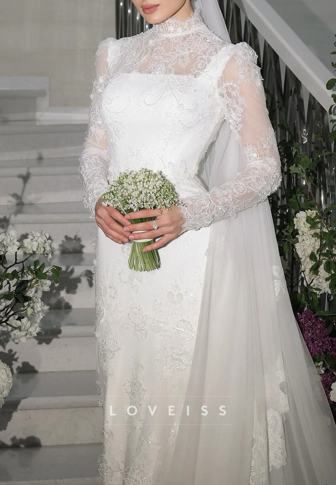 High Neck Full Floral Lace Appliques Sheath Wedding Dress