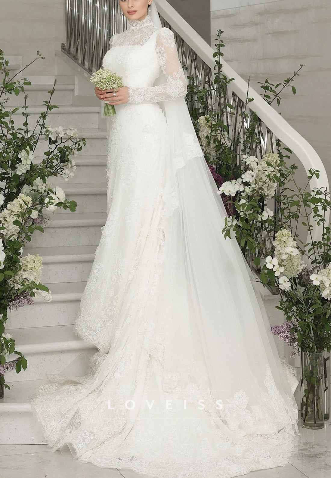 High Neck Full Floral Lace Appliques Sheath Wedding Dress