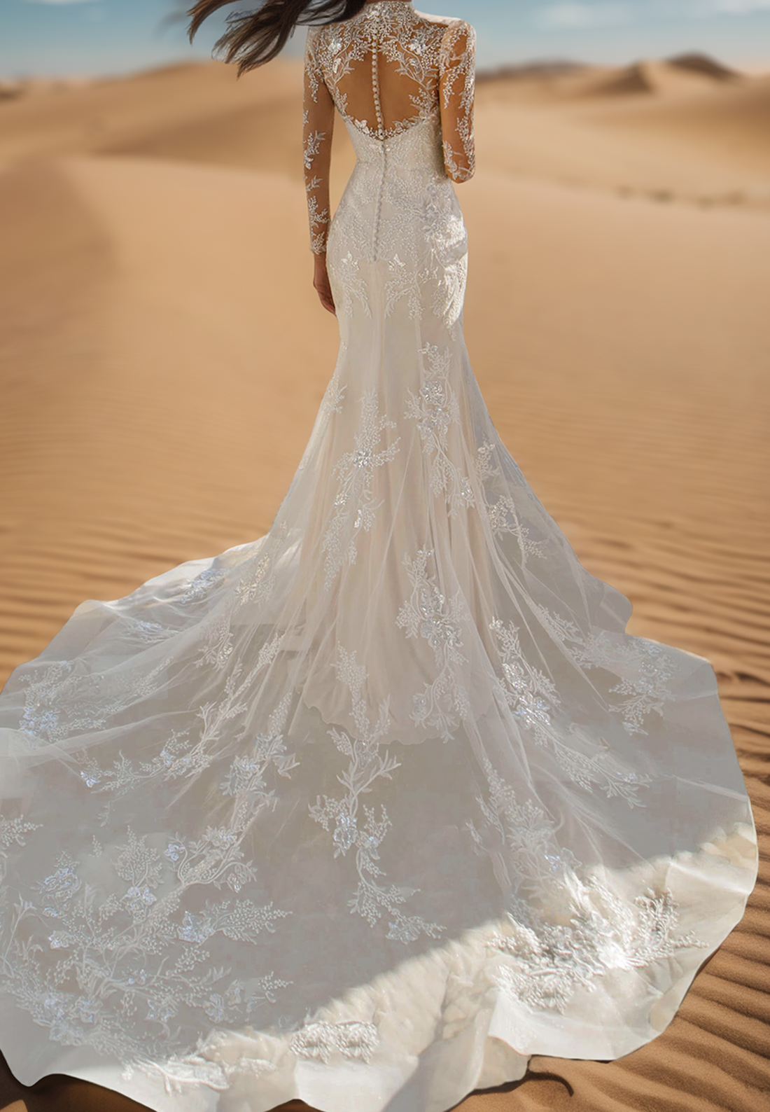 High Neck Long Sleeevs Lace Appliques Mermaid Wedding Dress