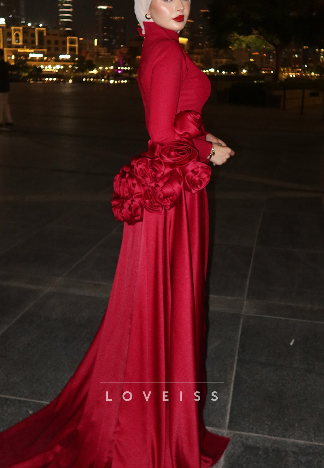 High Neck Long Sleeves 3D Floral Mermaid Evening Dress