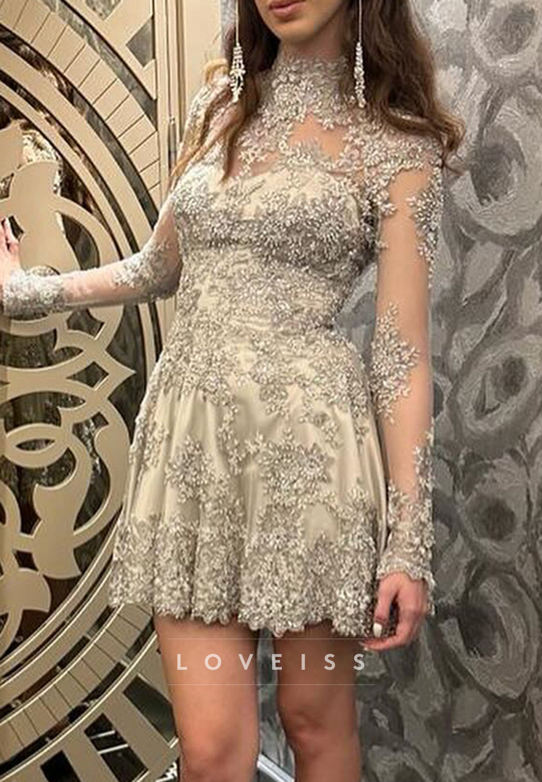 High Neck Long Sleeves Appliques A-Line Party Homecoming Dress