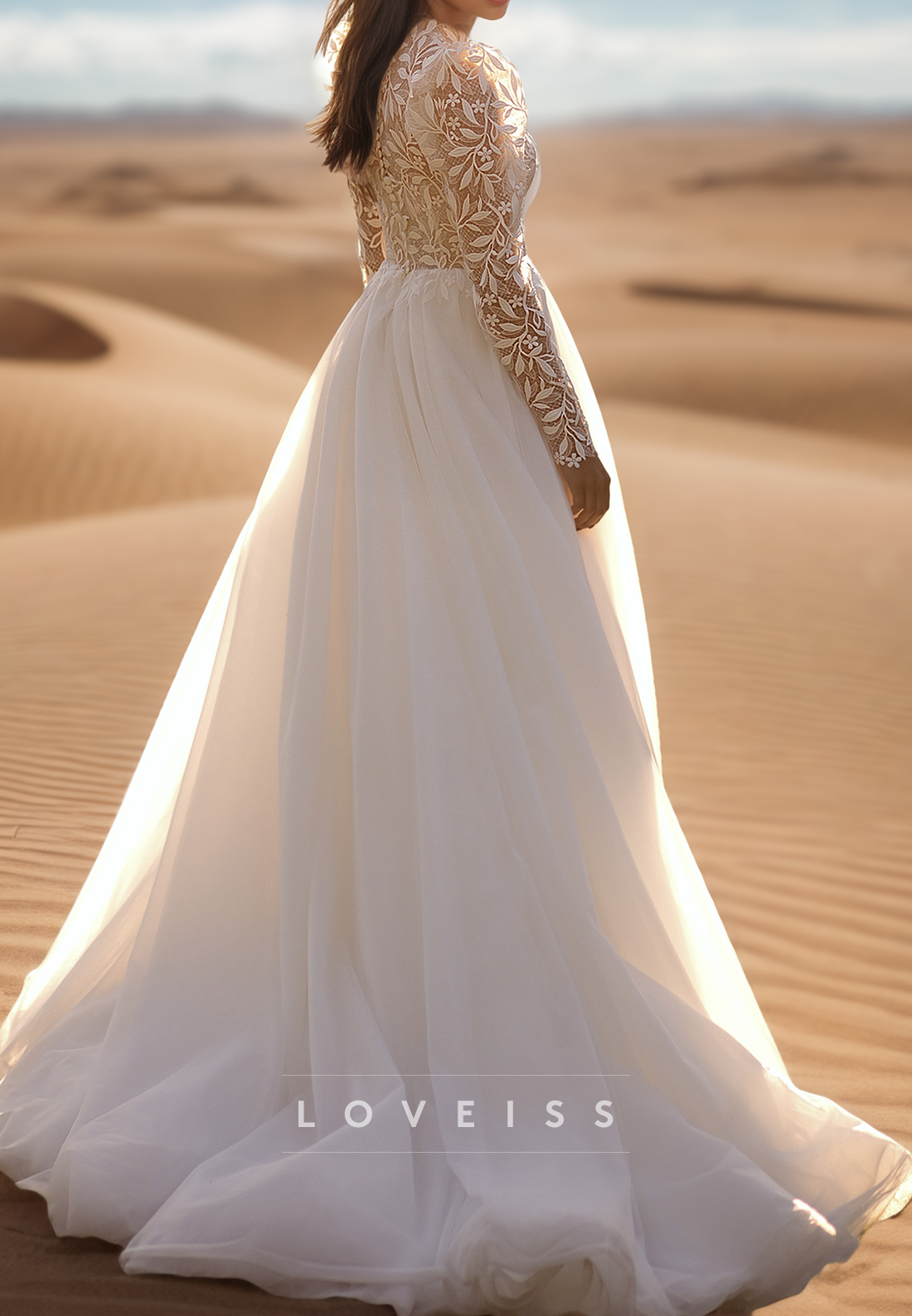 High Neck Long Sleeves Appliques Ball Gown A-Line Wedding Dress