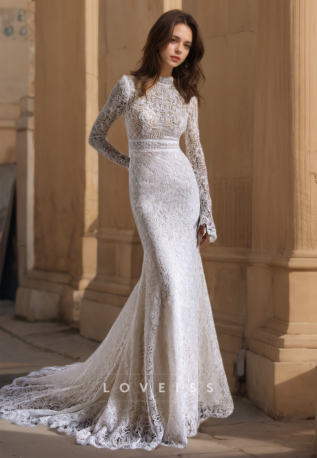 High Neck Long Sleeves Appliques Mermaid Wedding Dress