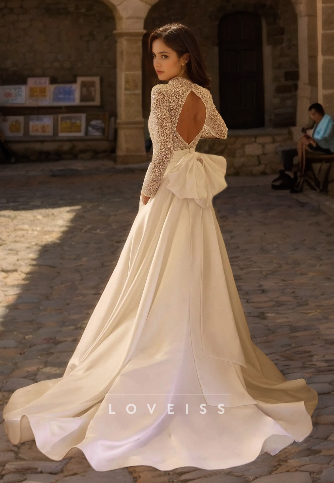High Neck Long Sleeves Appliques Pleated Satin A-Line Wedding Dress