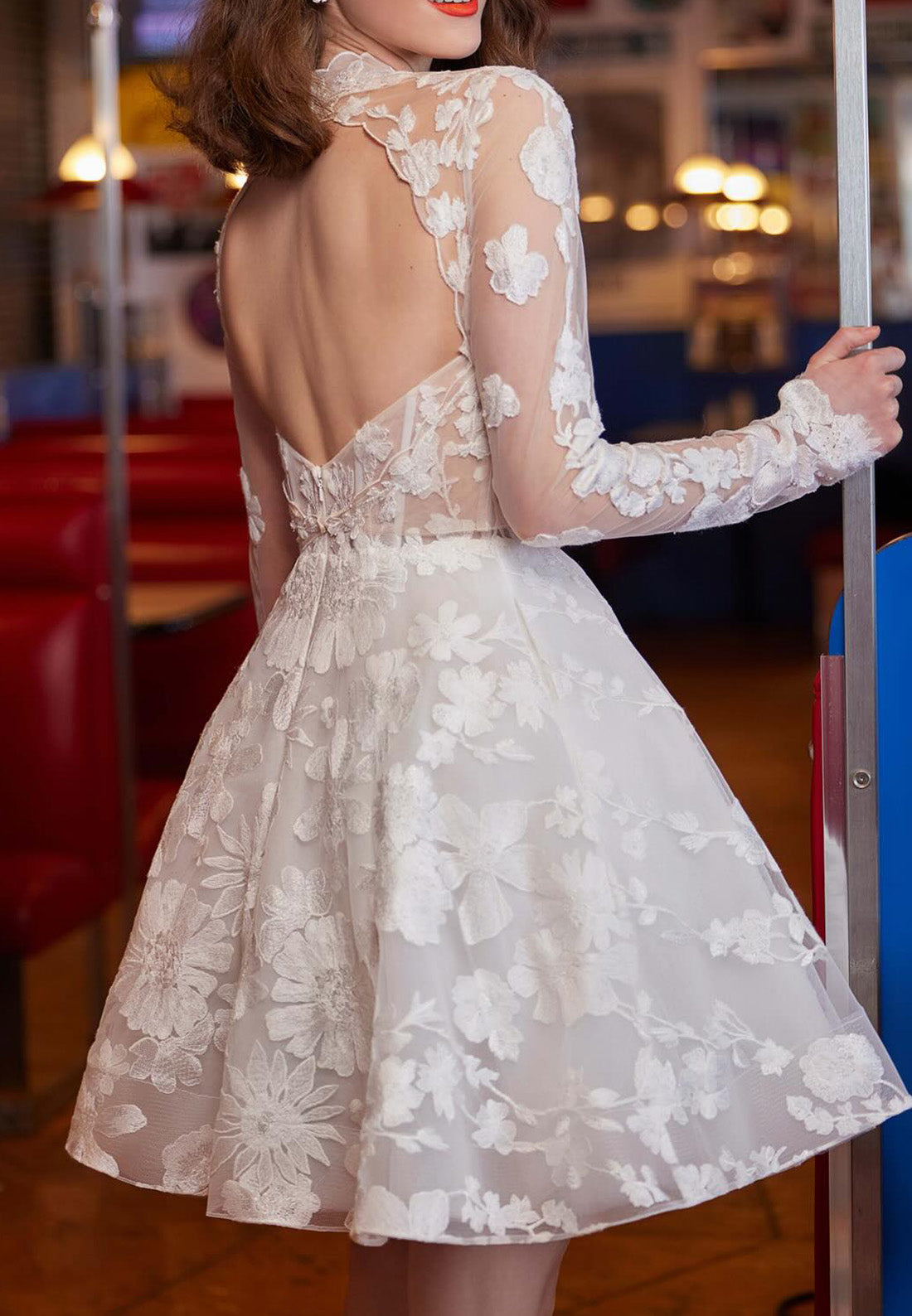 High Neck Long Sleeves Appliques Short A-Line Wedding Dress