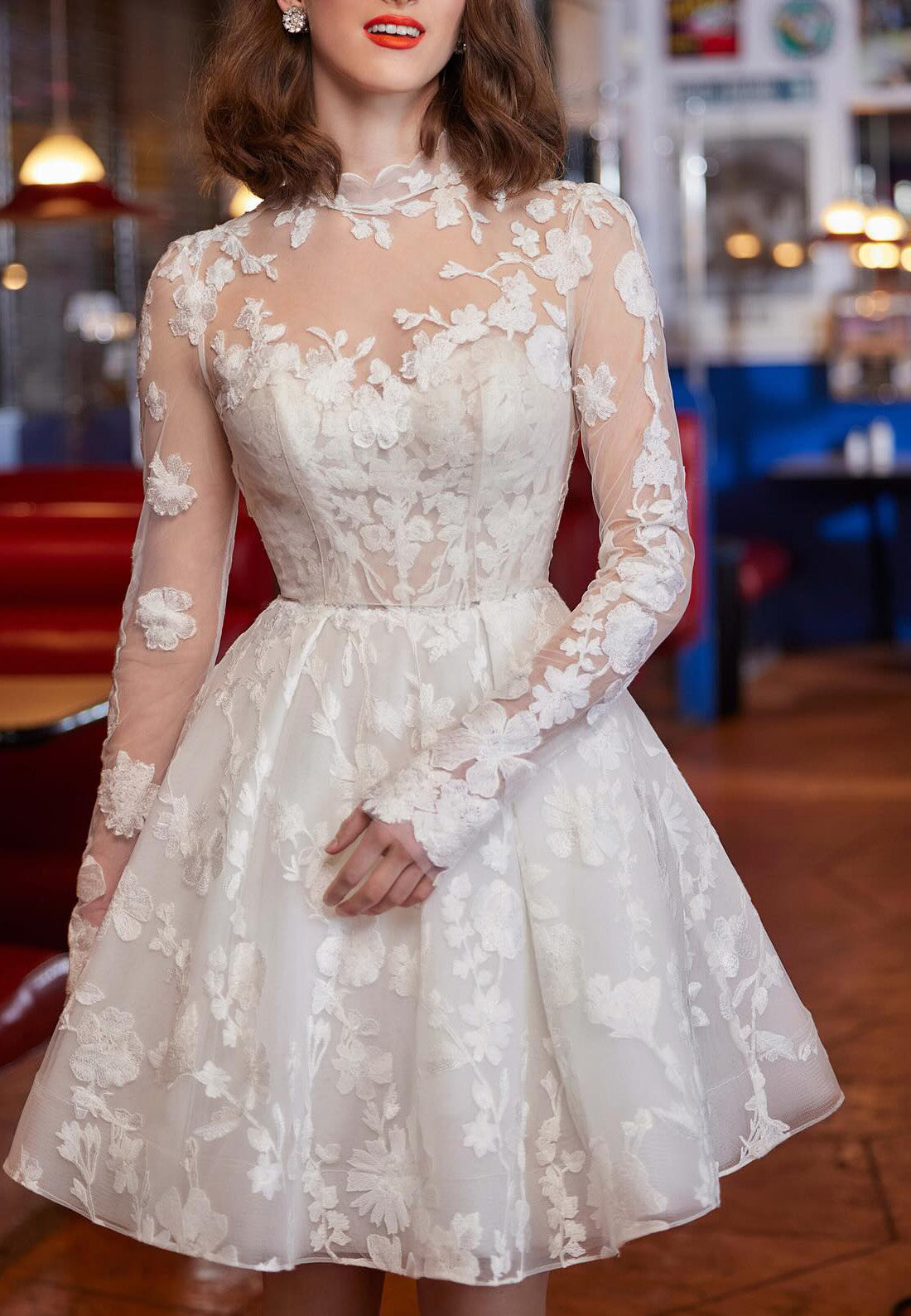 High Neck Long Sleeves Appliques Short A-Line Wedding Dress