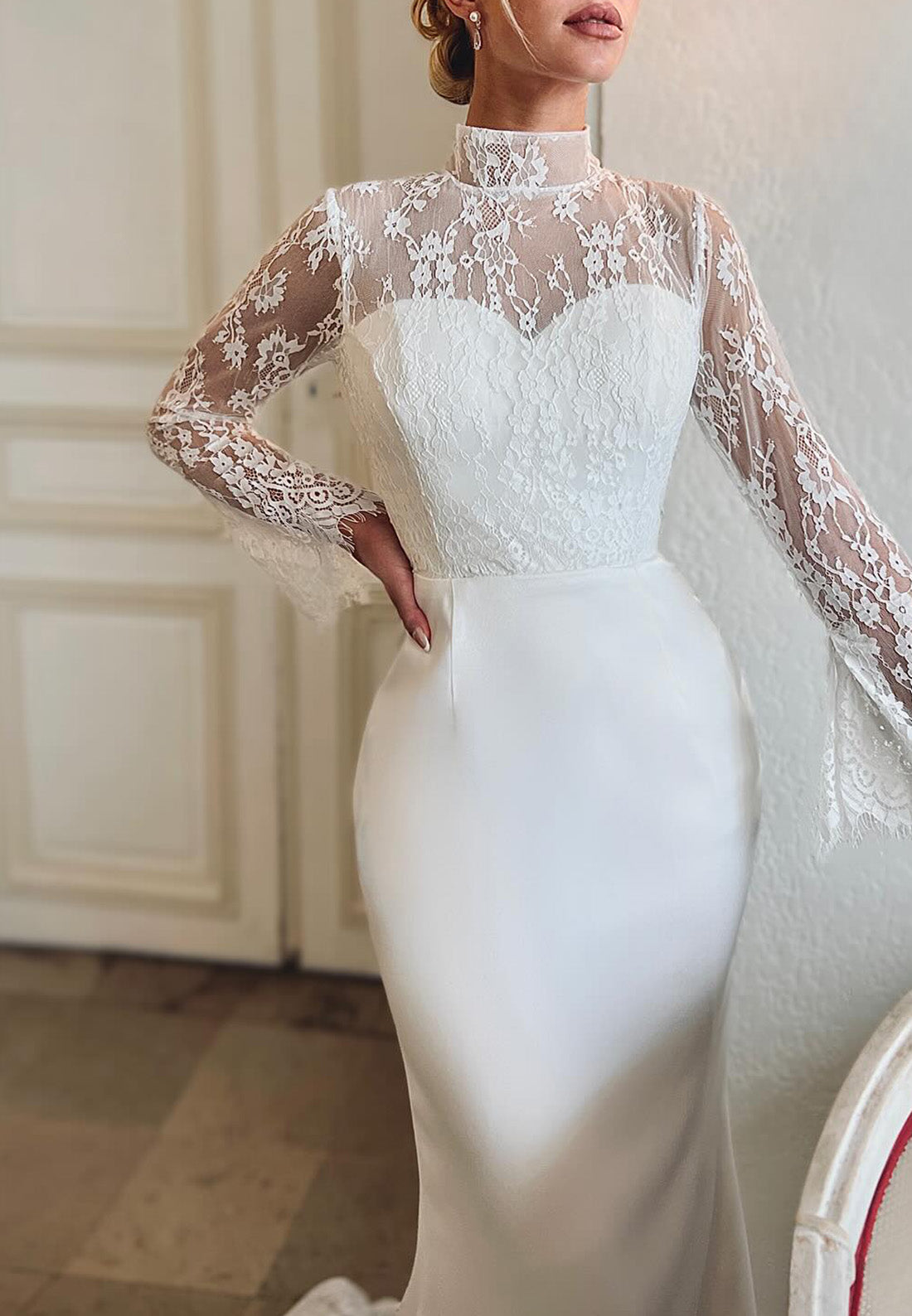 High Neck Long Sleeves Appliques Sleek Mermaid Wedding Dress