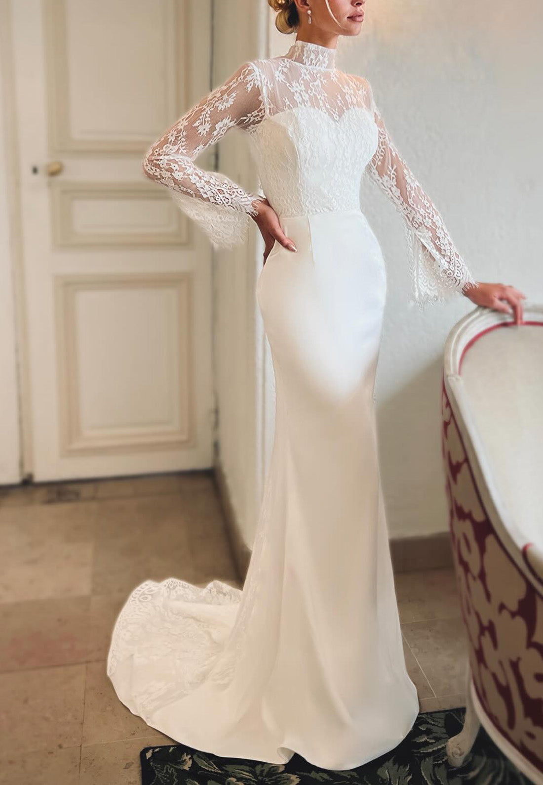 High Neck Long Sleeves Appliques Sleek Mermaid Wedding Dress