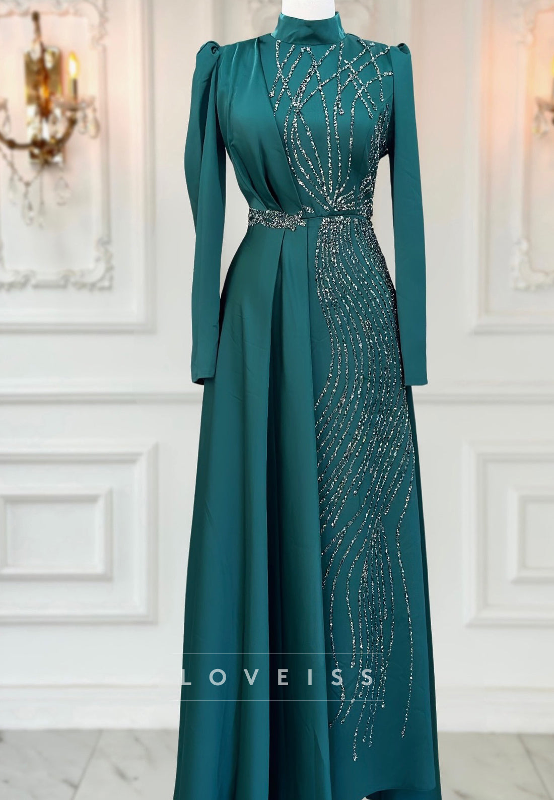 High Neck Long Sleeves Beaded Embroidery A-Line Mother of Bride Dress