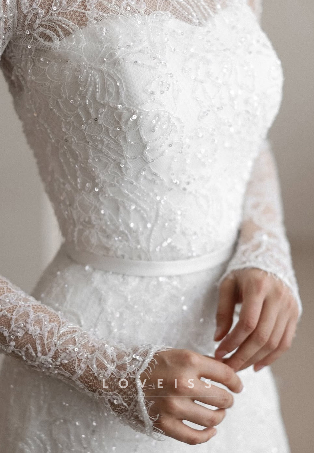 High Neck Long Sleeves Beaded Embroidery A-Line Wedding Dress