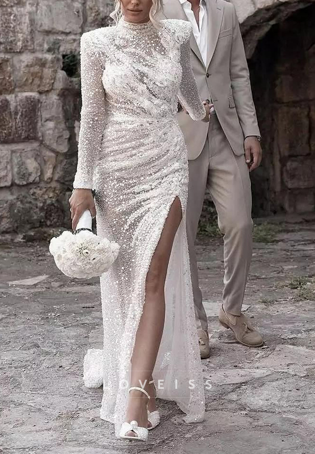 High Neck Long Sleeves Beaded Embroidery Appliques Sheath Wedding Dress