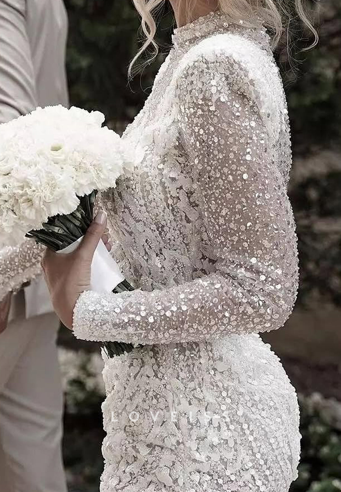High Neck Long Sleeves Beaded Embroidery Appliques Sheath Wedding Dress