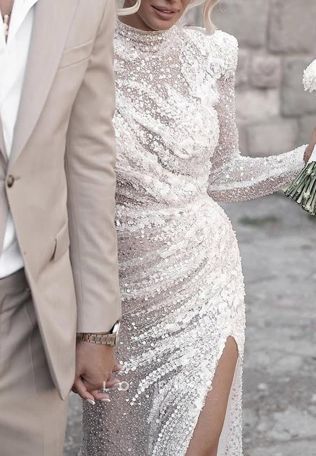 High Neck Long Sleeves Beaded Embroidery Appliques Sheath Wedding Dress