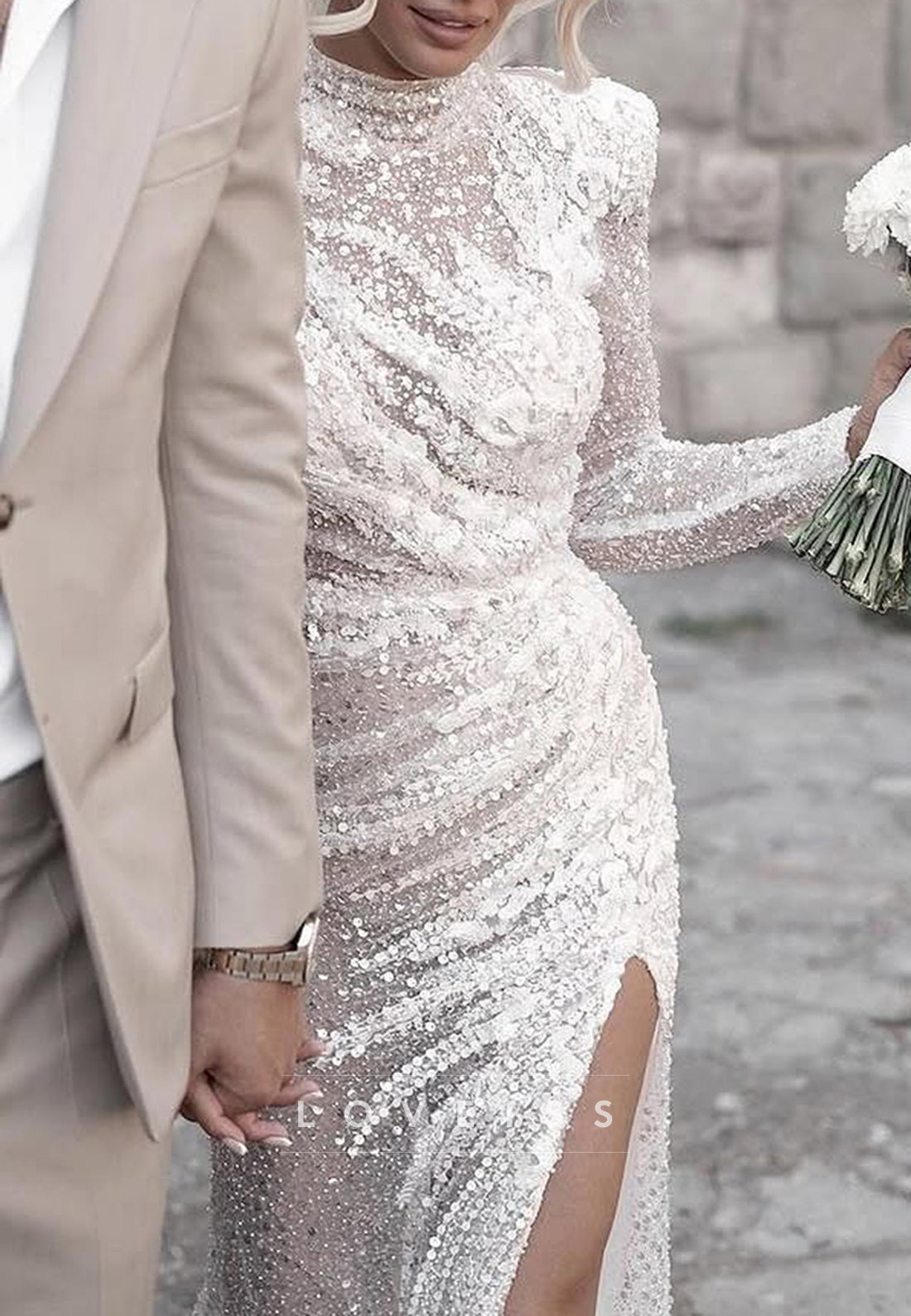 High Neck Long Sleeves Beaded Embroidery Appliques Sheath Wedding Dress