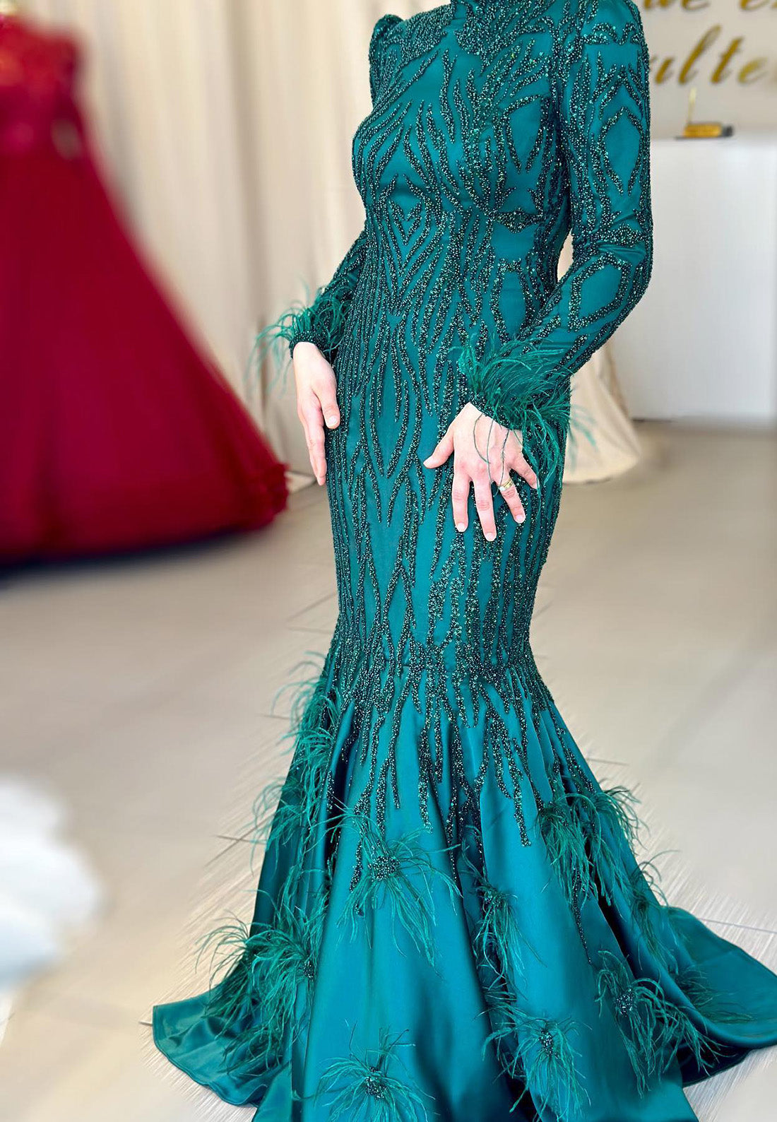 High Neck Long Sleeves Beaded Embroidery Mermaid Mother of Bride Dress