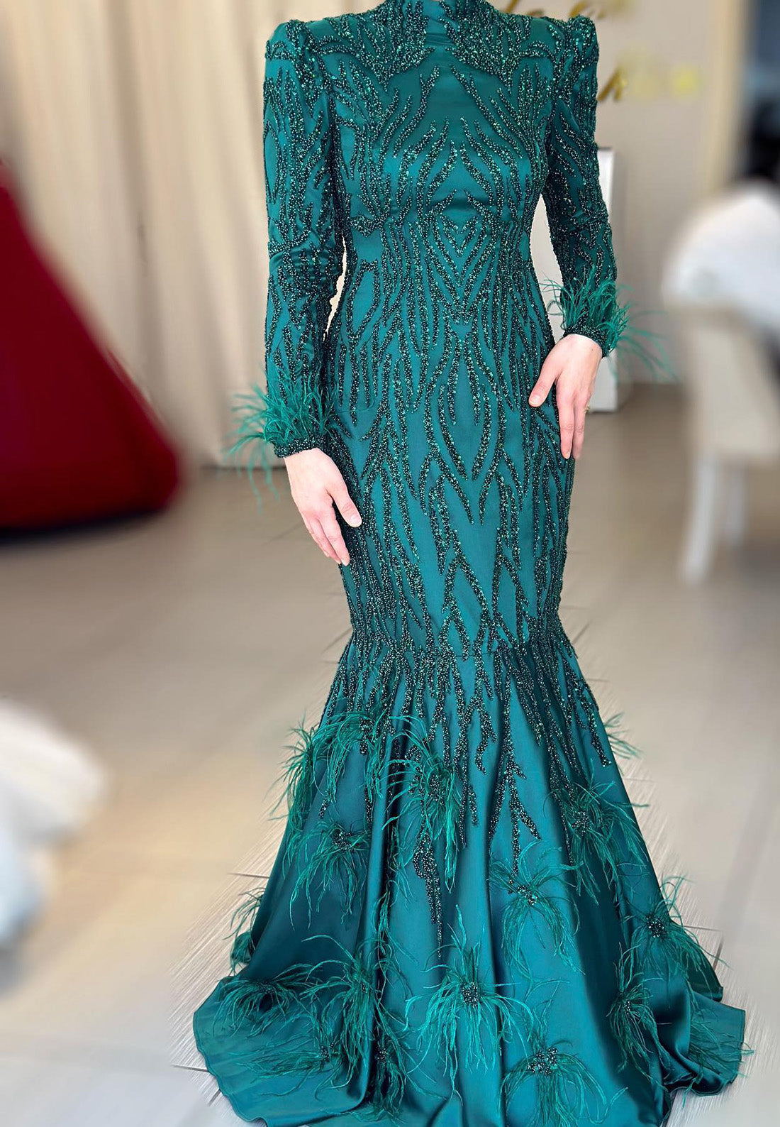 High Neck Long Sleeves Beaded Embroidery Mermaid Mother of Bride Dress