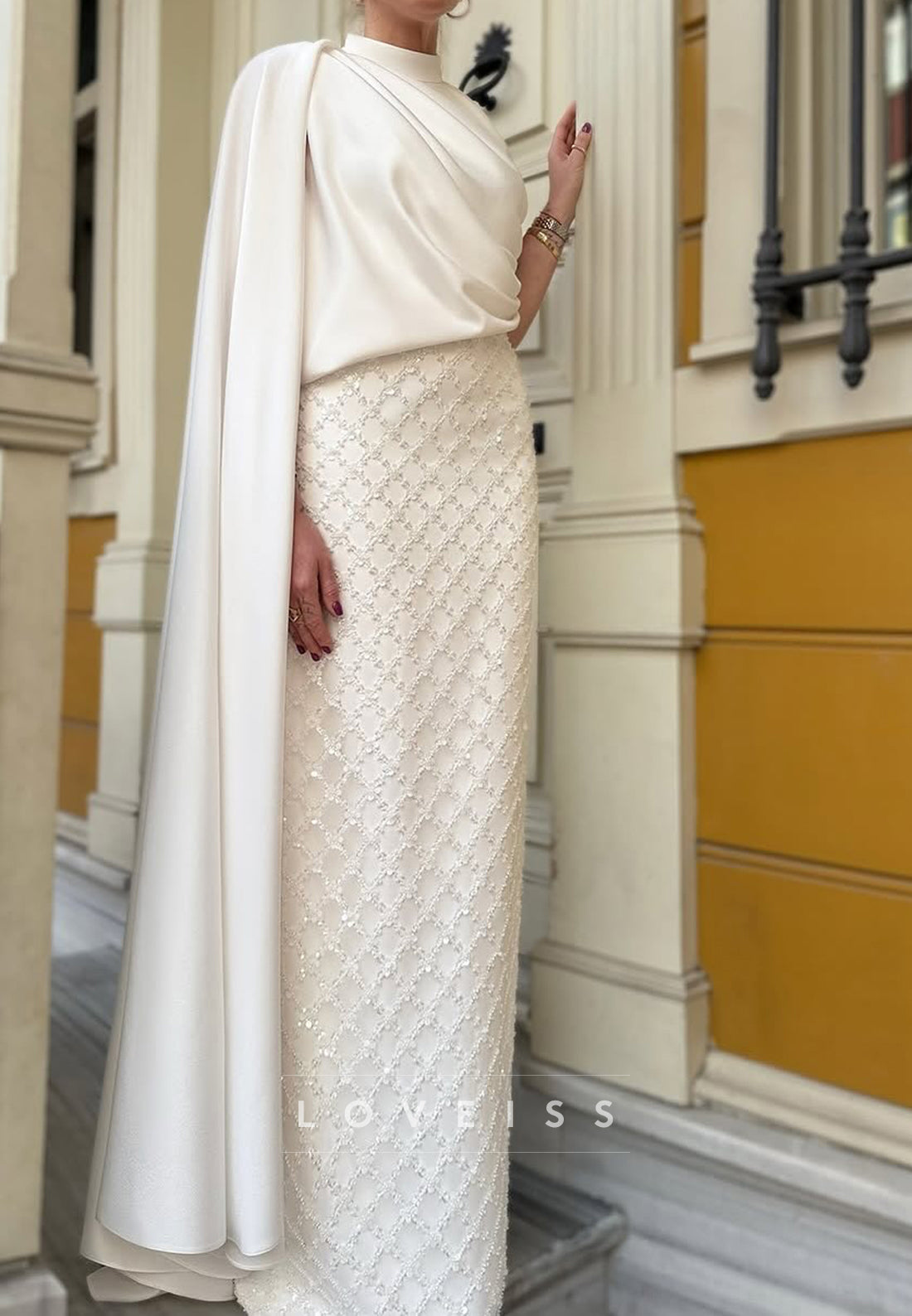 High Neck Long Sleeves Beaded Embroidery Sheath Evening Dress