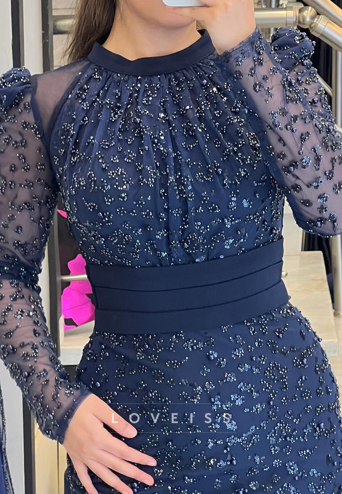 High Neck Long Sleeves Beaded Embroidery Sheath Mother of Bride Dress