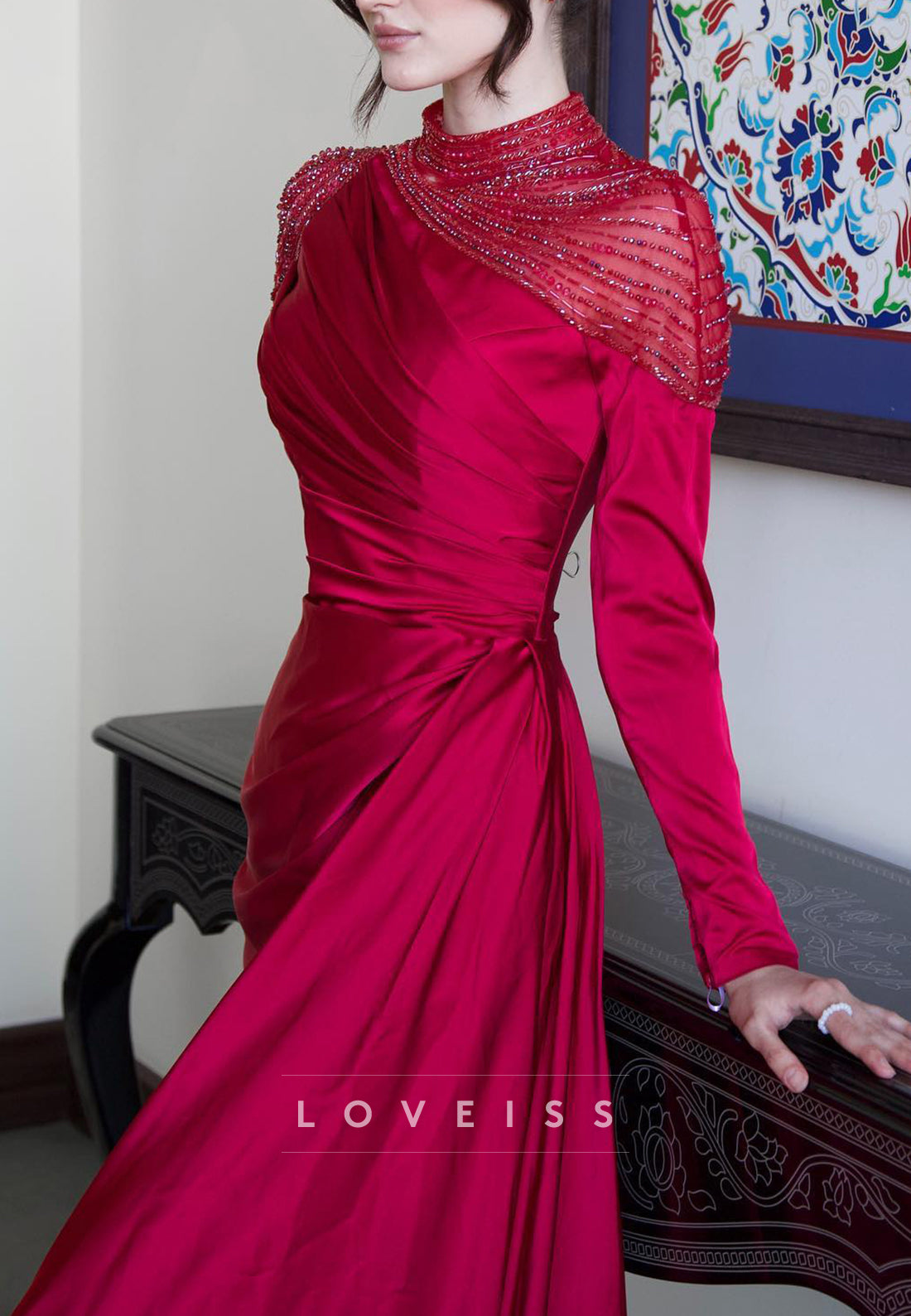 High Neck Long Sleeves Beaded Embroidery Sheath Mother of Bride Dress