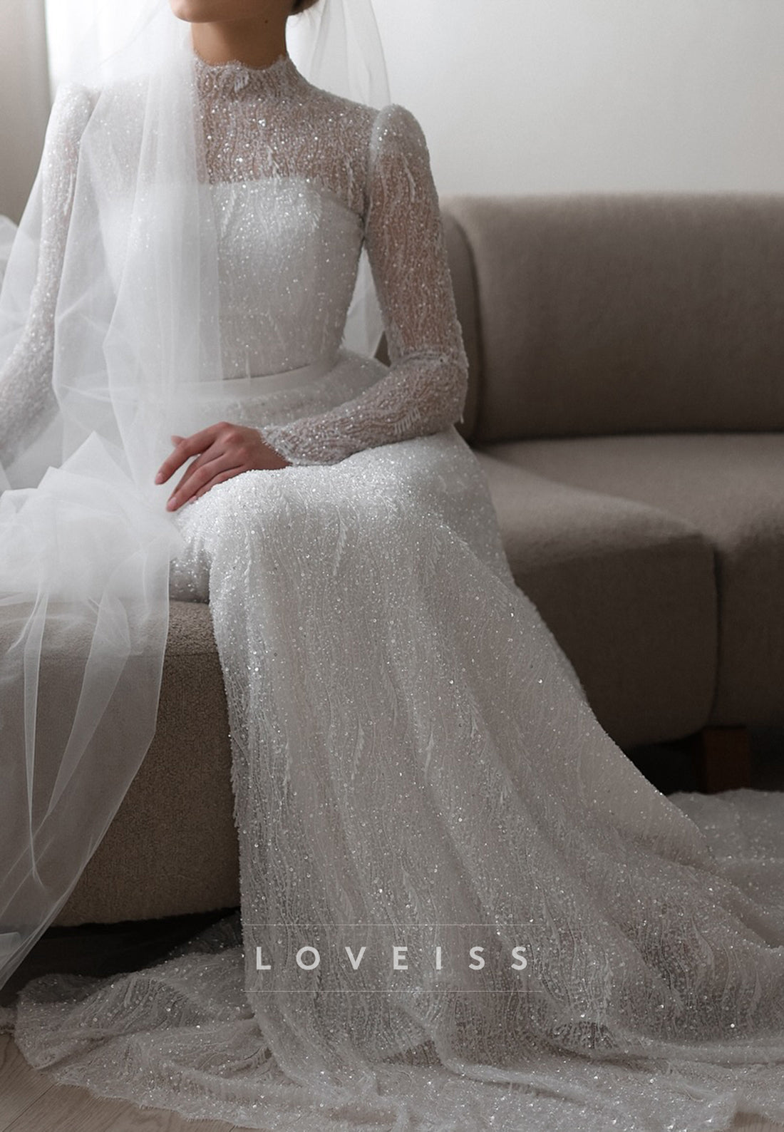 High Neck Long Sleeves Beaded Embroidery Sparkly A-Line Wedding Dress