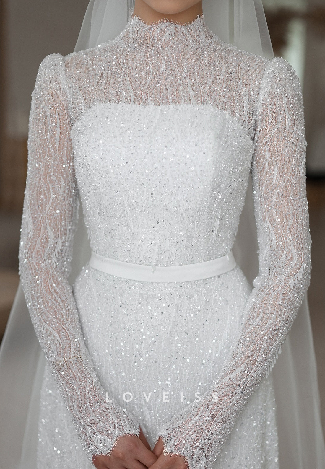 High Neck Long Sleeves Beaded Embroidery Sparkly A-Line Wedding Dress