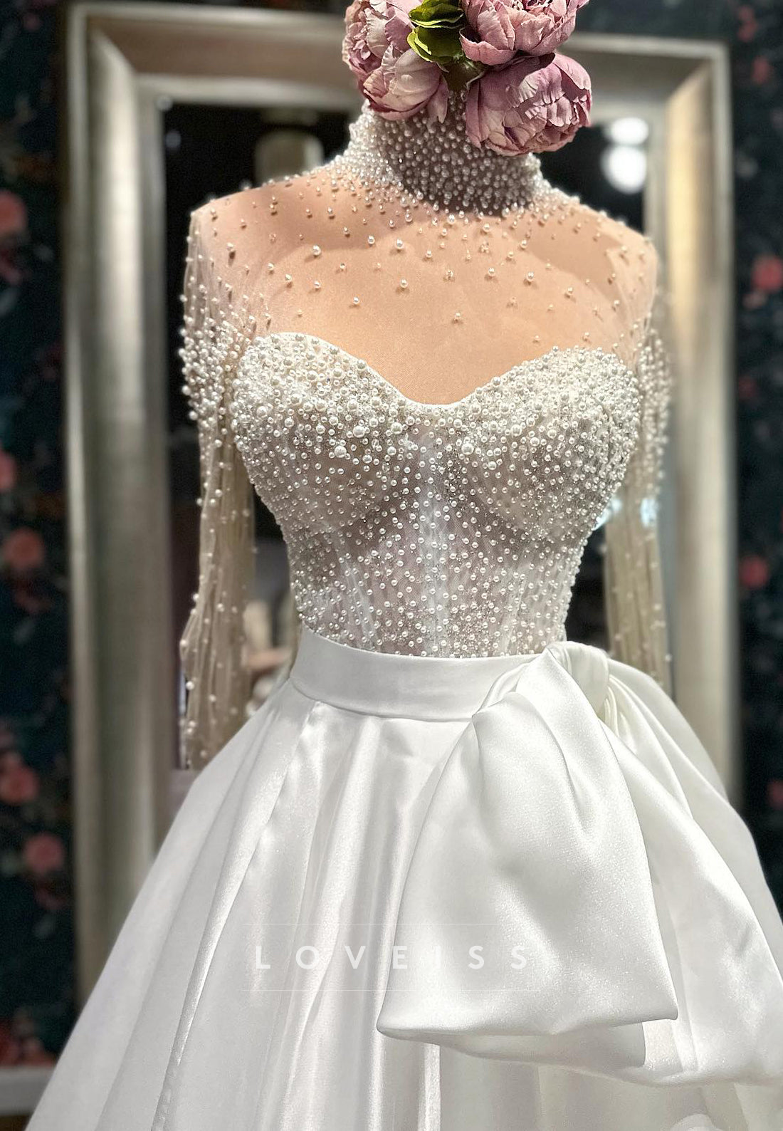 High Neck Long Sleeves Beaded Pearl Satin A-Line Wedding Dress