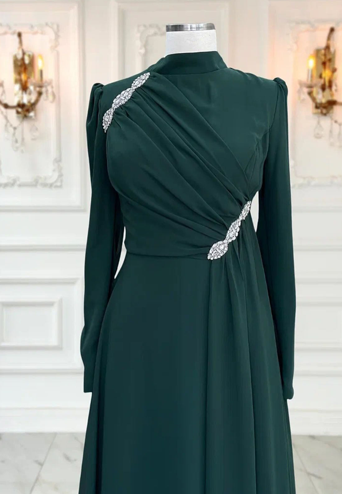 High Neck Long Sleeves Beaded Pleated A-Line Mother of Bride Dress