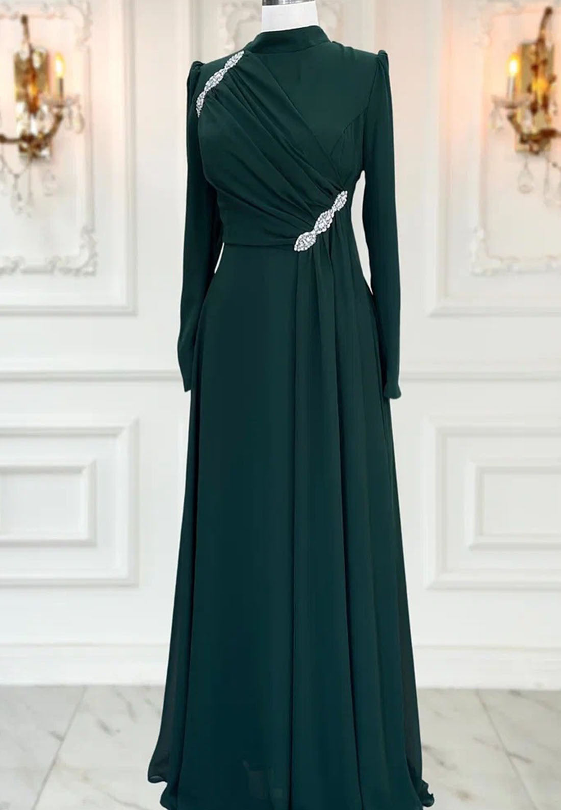 High Neck Long Sleeves Beaded Pleated A-Line Mother of Bride Dress