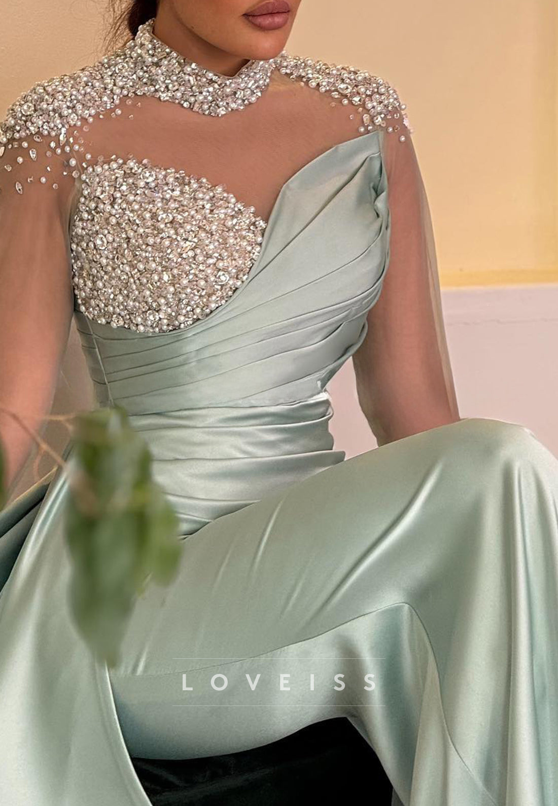 High Neck Long Sleeves Beaded Pleated Sheath Evening Dress