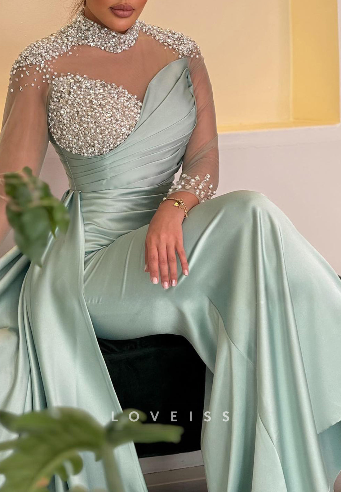 High Neck Long Sleeves Beaded Pleated Sheath Evening Dress