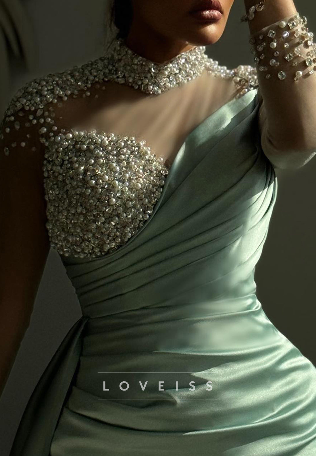 High Neck Long Sleeves Beaded Pleated Sheath Evening Dress