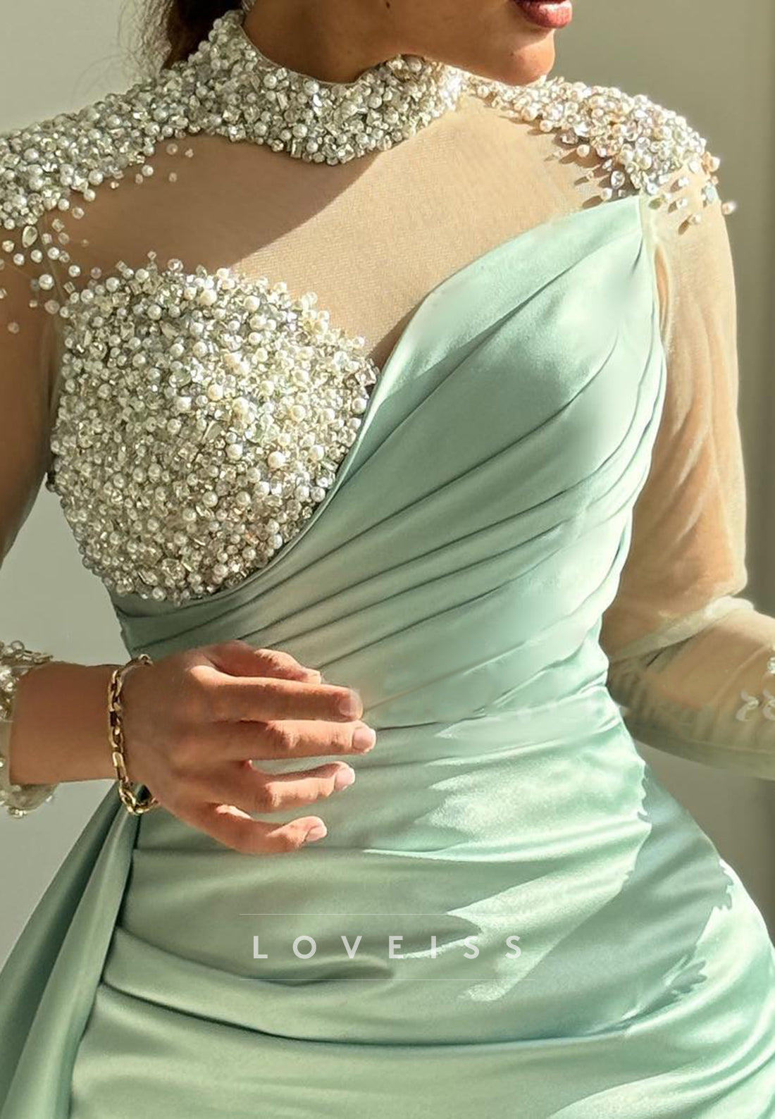 High Neck Long Sleeves Beaded Pleated Sheath Evening Dress