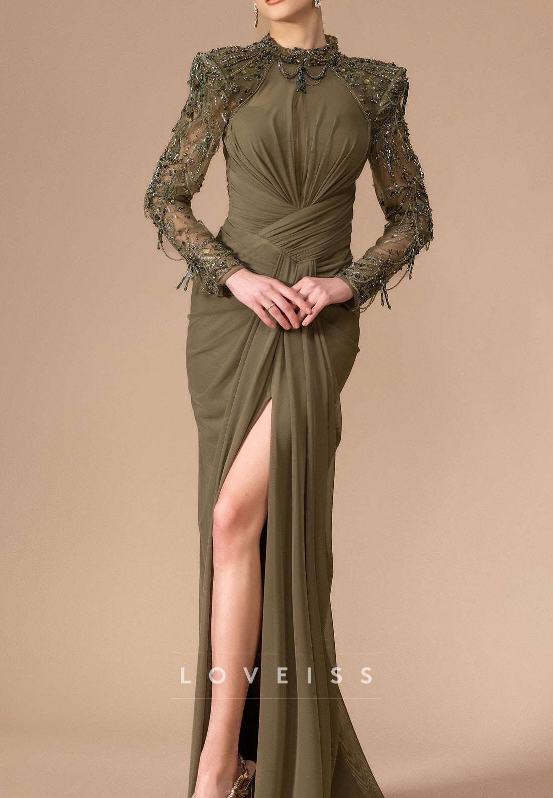 High Neck Long Sleeves Beaded Pleated Sheath Mother of Bride Dress