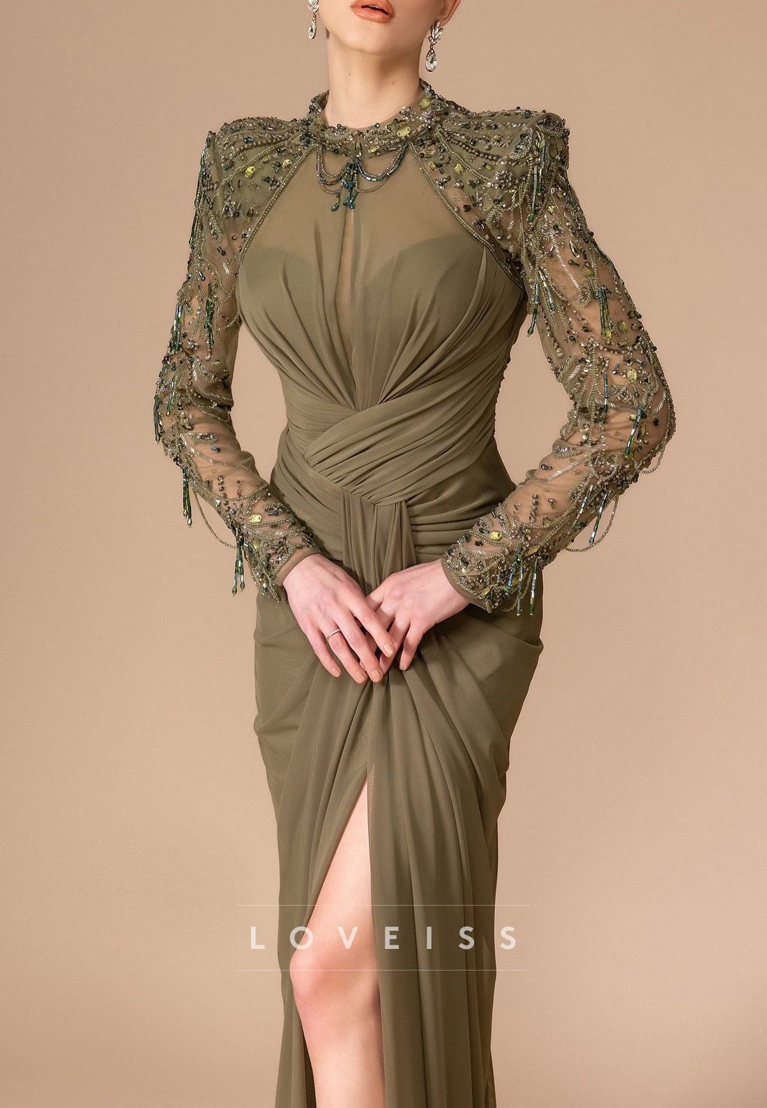 High Neck Long Sleeves Beaded Pleated Sheath Mother of Bride Dress