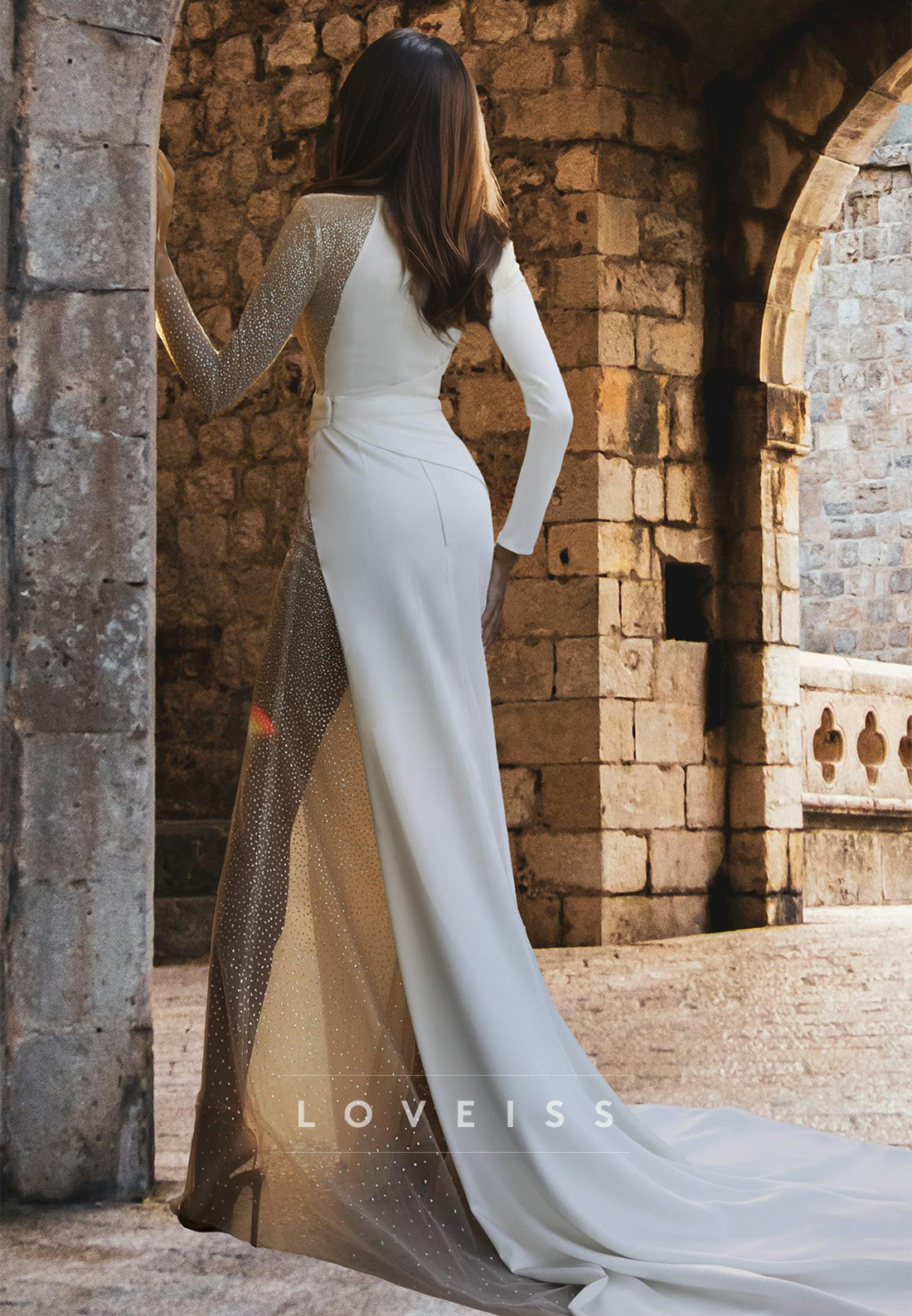 High Neck Long Sleeves Beaded Pleated Side Slit Sheath Beach Wedding Dress