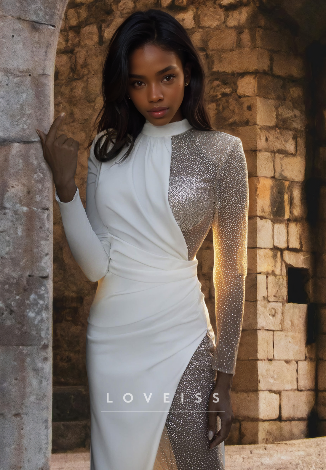 High Neck Long Sleeves Beaded Pleated Side Slit Sheath Beach Wedding Dress