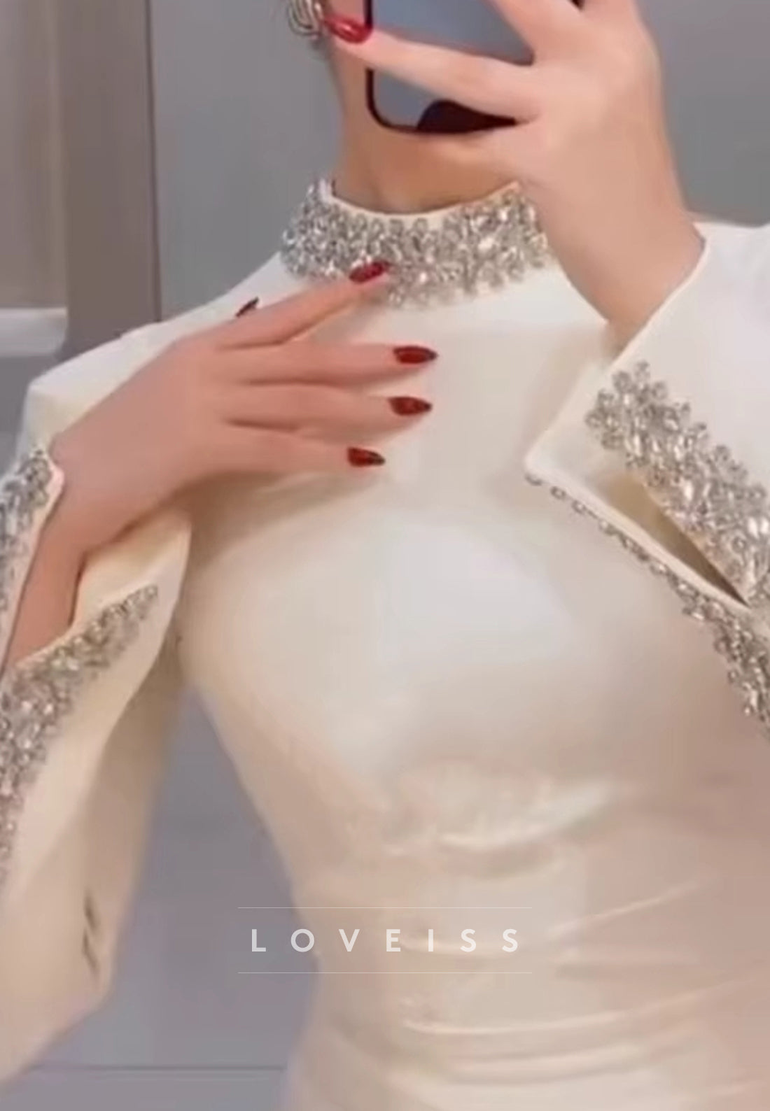 High Neck Long Sleeves Beaded Side Slit Sheath Evening Dress