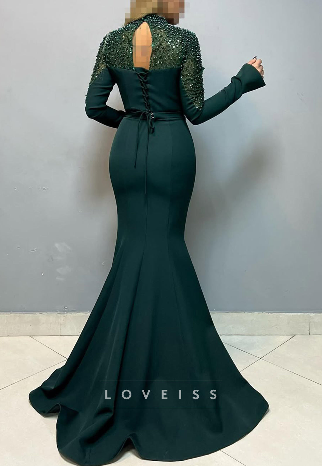 High Neck Long Sleeves Beaded Sleek Mermaid Formal Dress