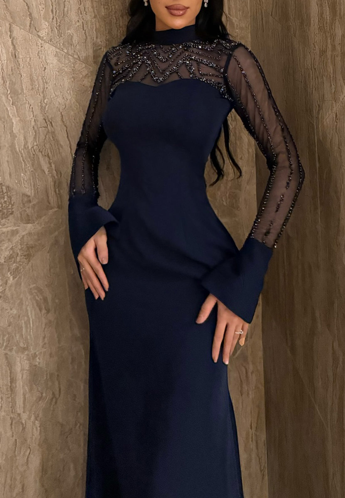 High Neck Long Sleeves Beaded Sleeves Sleek Mermaid Evening Dress