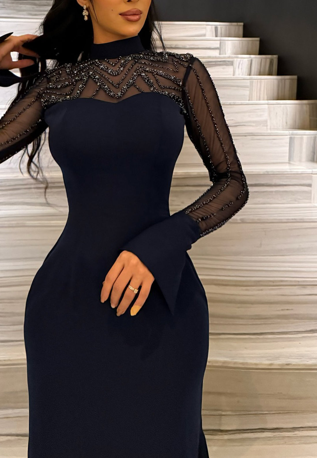 High Neck Long Sleeves Beaded Sleeves Sleek Mermaid Evening Dress