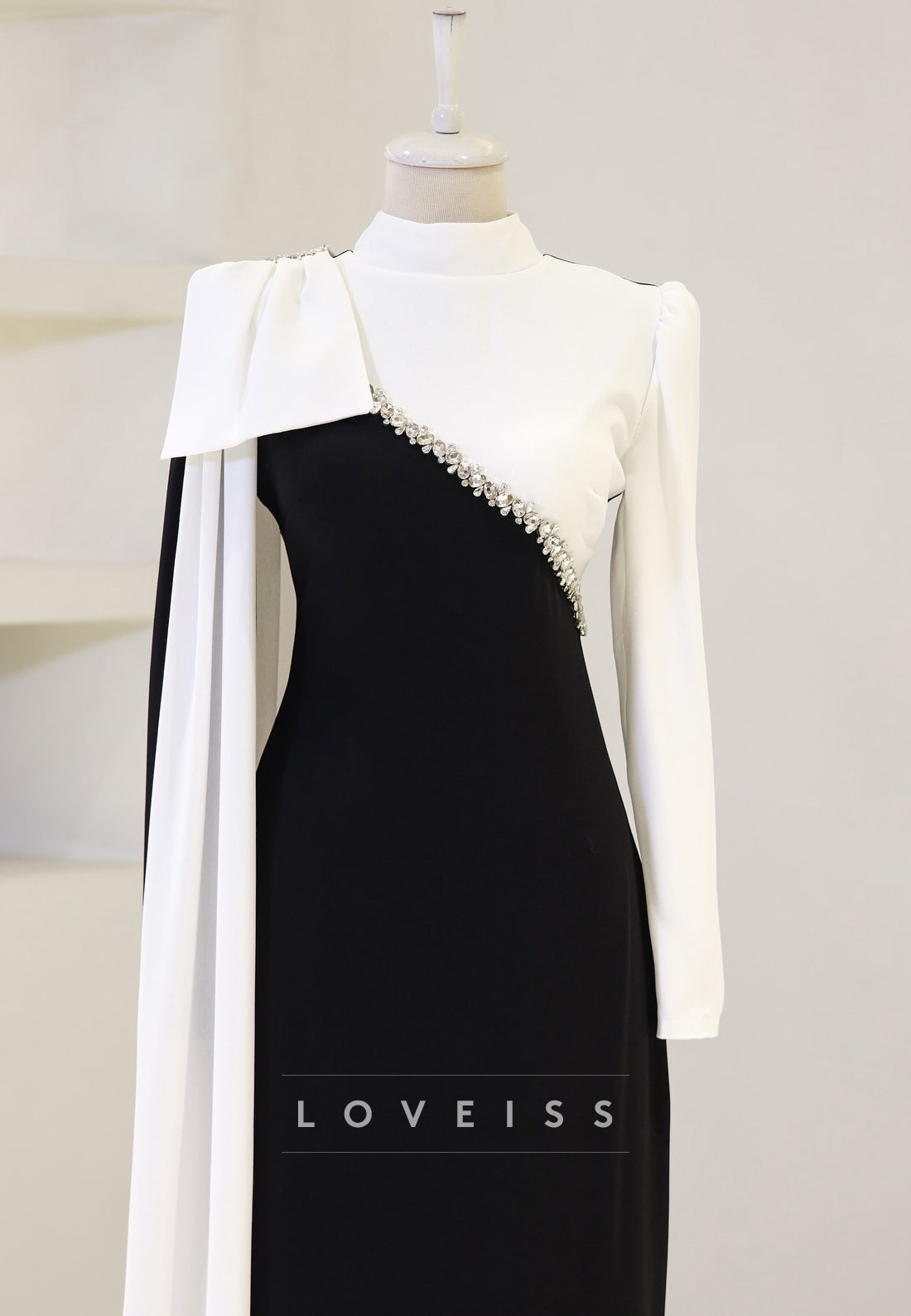 High Neck Long Sleeves Bow Beaded Sheath Mother of Bride Dress