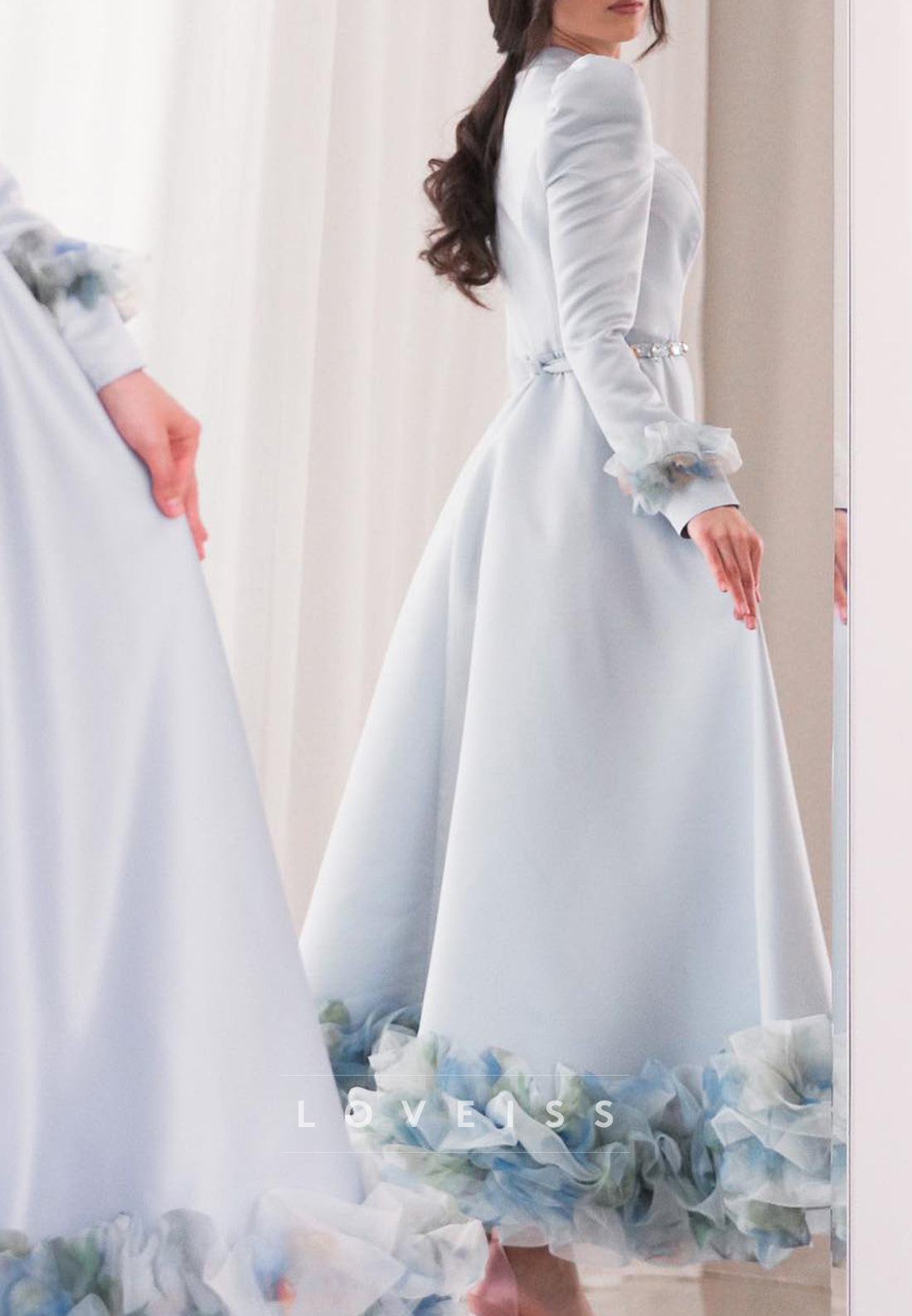 High Neck Long Sleeves Floral Embellished A-Line Mother of Bride Dress